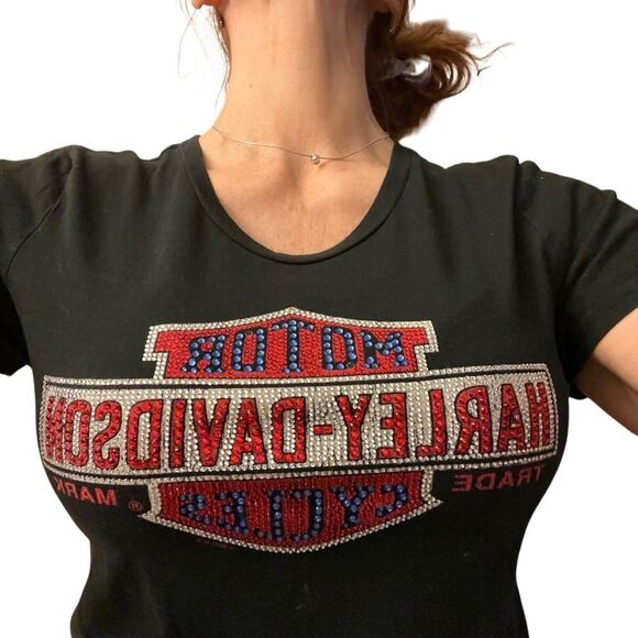 Y2K Harley Davidson Logo Biker Sparkly Red Blue Casual Black Cap Sleeve Top XL - Picture 2 of 16